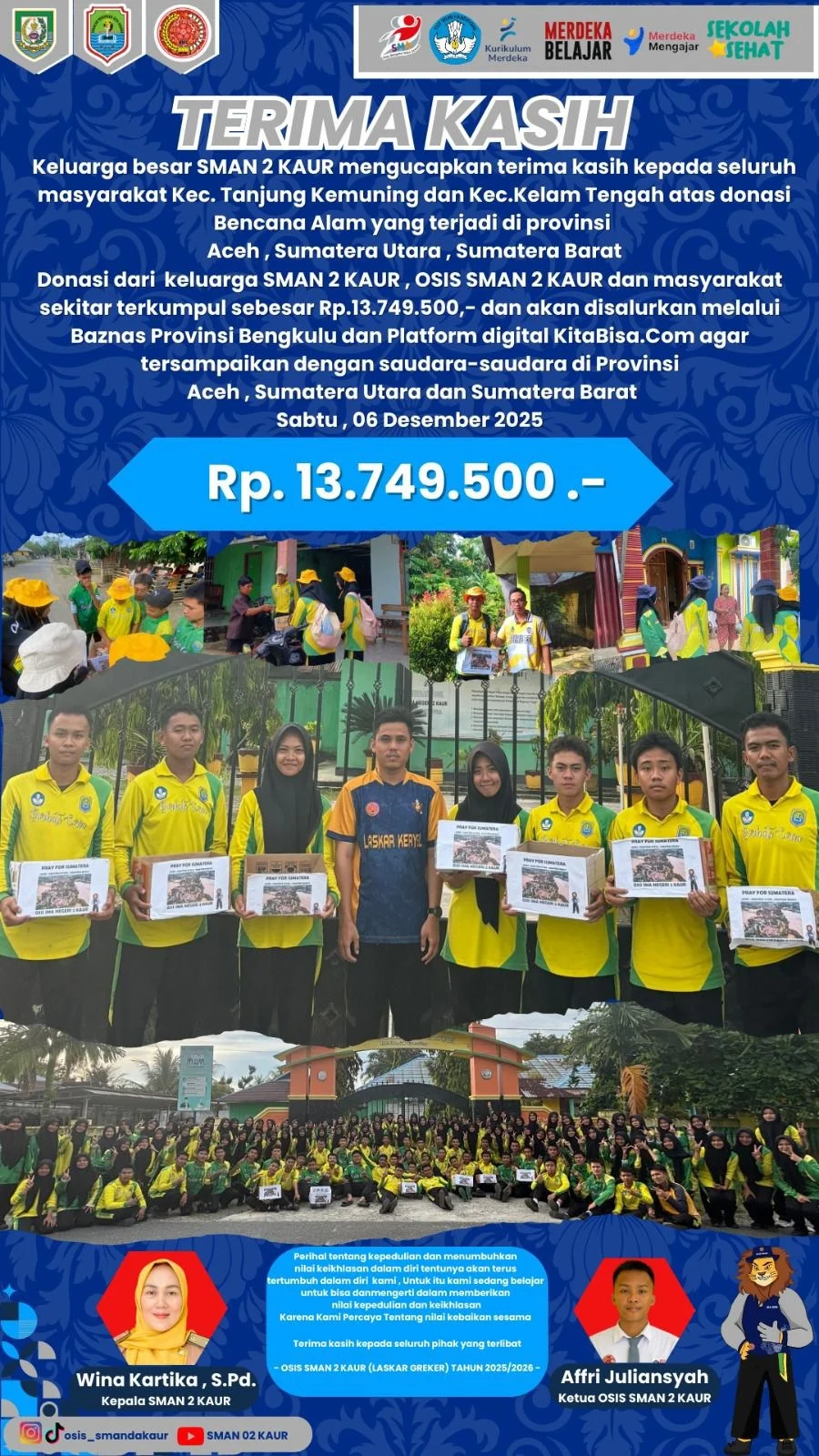 SMAN 2 Kaur Salurkan Donasi Rp 13,7 Juta untuk Korban Bencana Alam di Sumatera